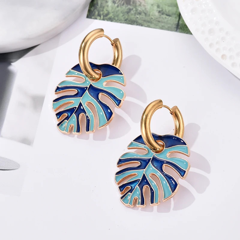 Colorful Big Leaf Pendant Gold Color Stainless Steel Earrings For Women