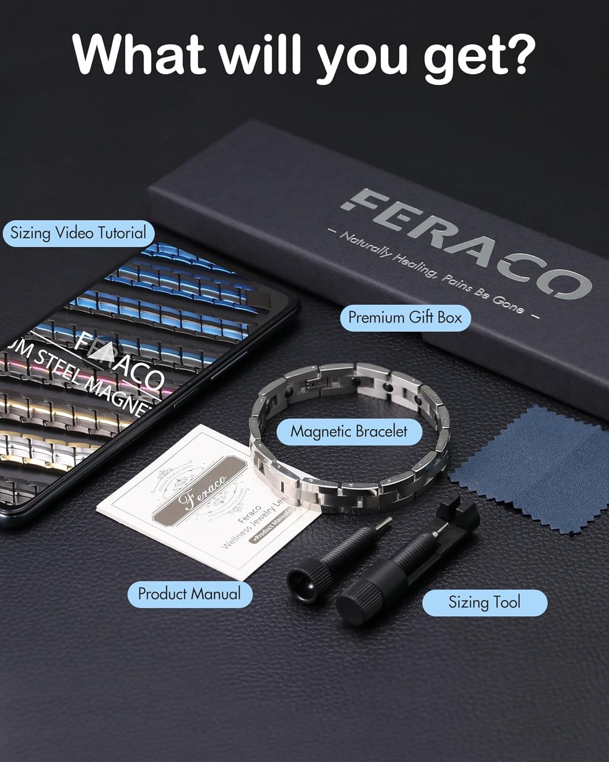 Feraco Magnetic Bracelet for Men Titanium Stainless Steel Therapy Silver w Tool