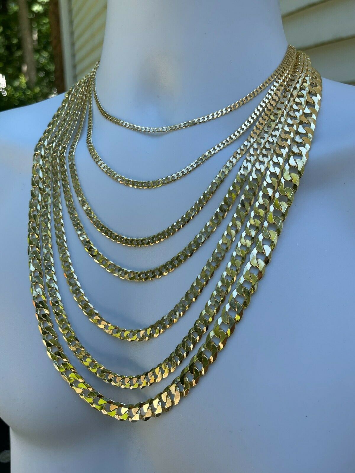 REAL Solid 925 Silver 14k Gold Plated Flat Cuban Link Chain Necklace 3mm – 11mm