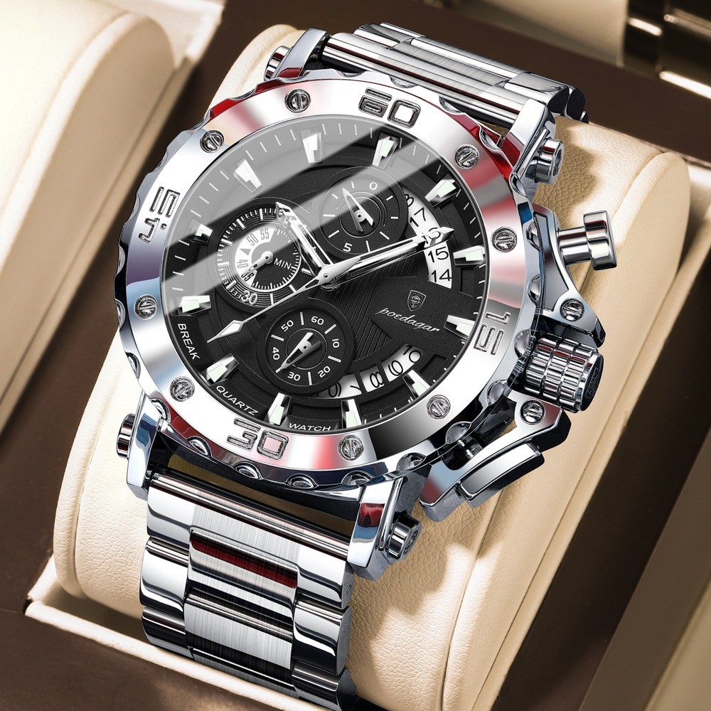 POEDAGAR Luxury Men’s Calendar Luminous Waterproof Stainless Steel Quartz Watch