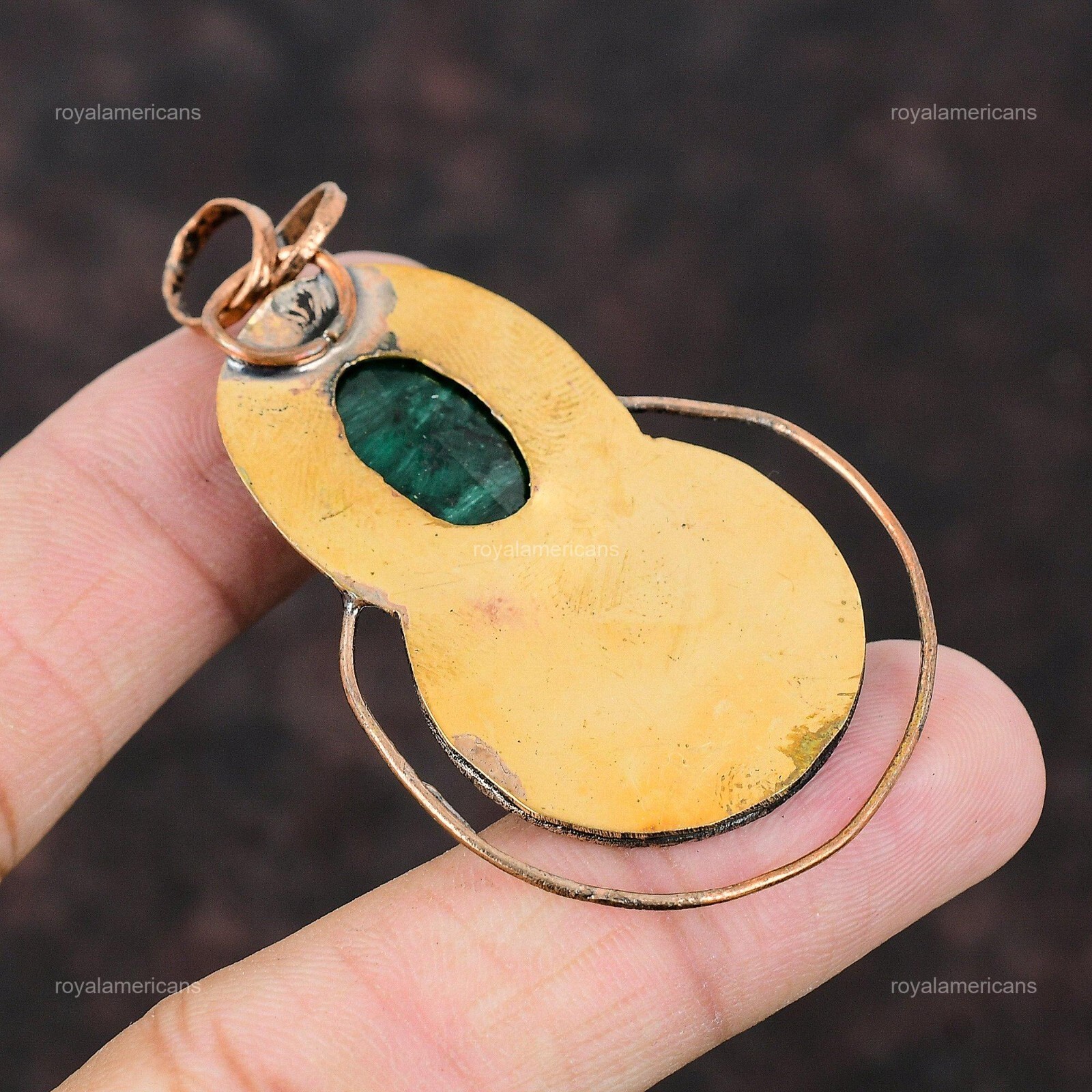 Valentines Sale Oval Zambian Emrald Stone Daughter Twisted Bezel Pendant Copper
