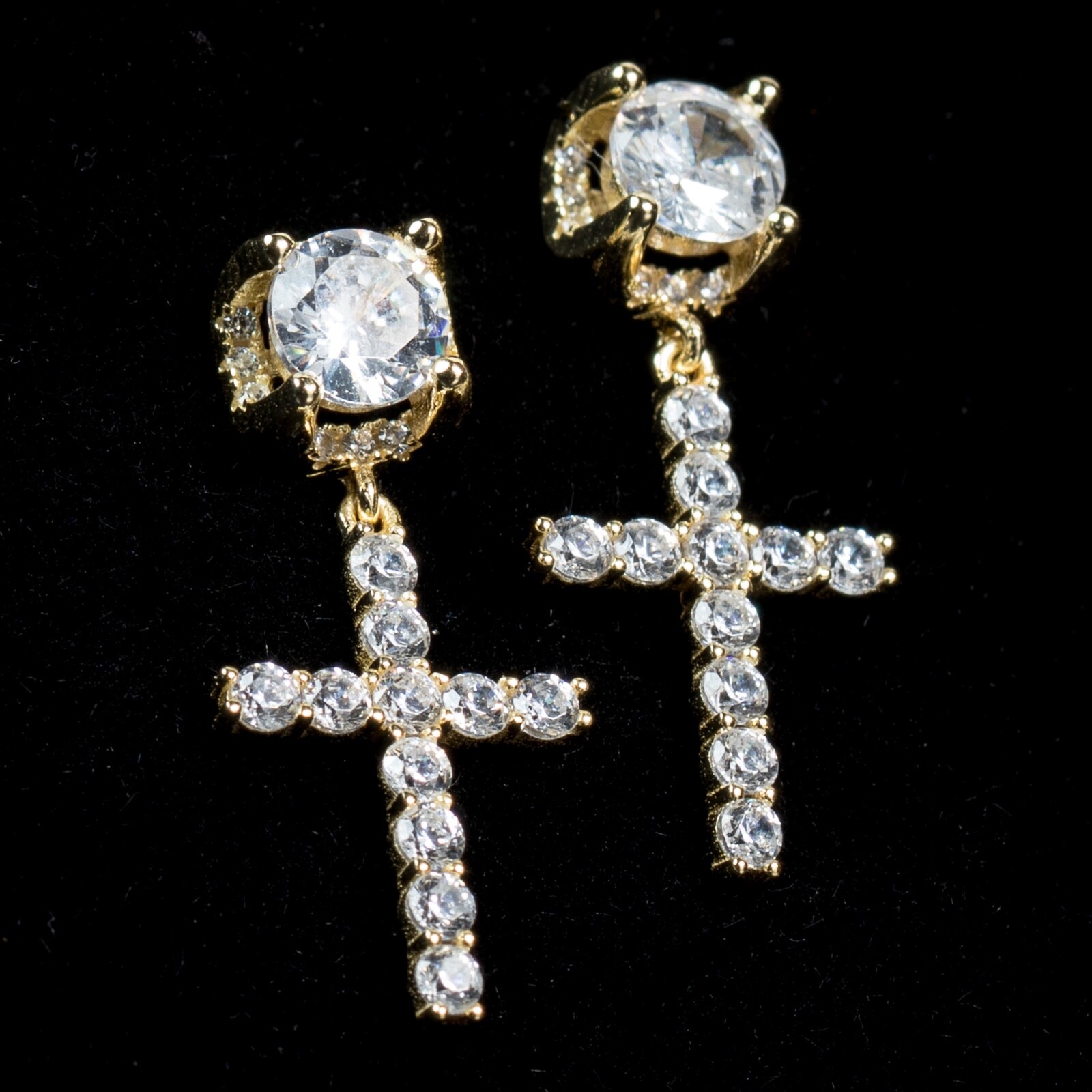 Iced 14k Yellow Gold Plated Small Cz Cross Dangle Drop Stud Earrings For Men
