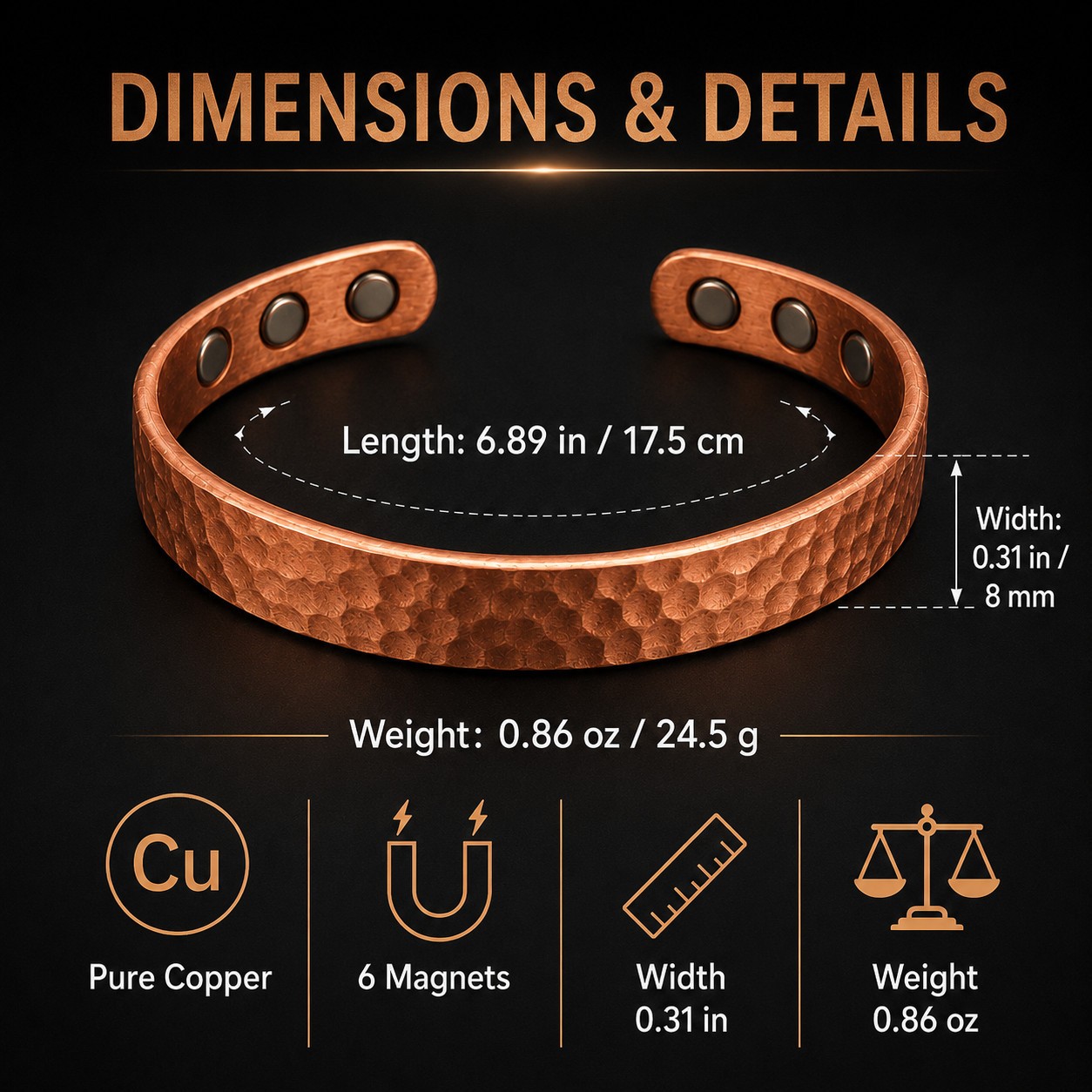 Magnetic Copper Bracelet Pure Solid Copper 6 Magnets Adjustable Cuff Women Men