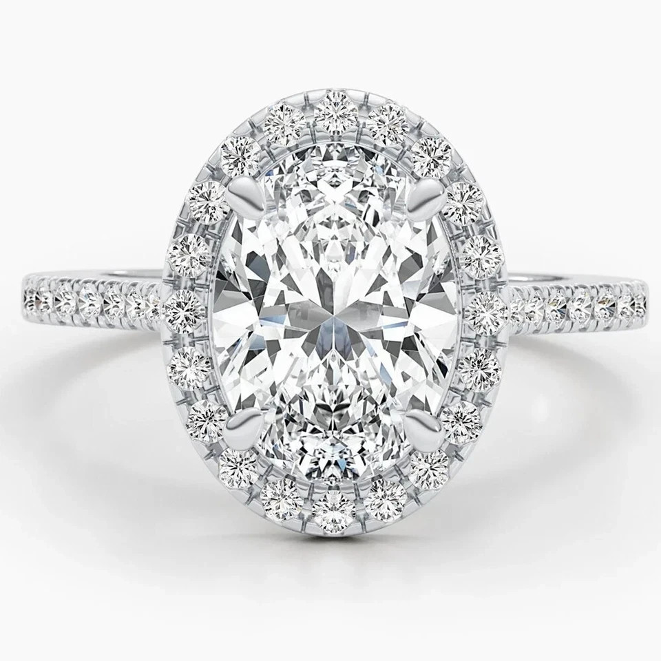 5 TCW Oval Cut Moissanite Halo Engagement Ring 14K White Gold Plated
