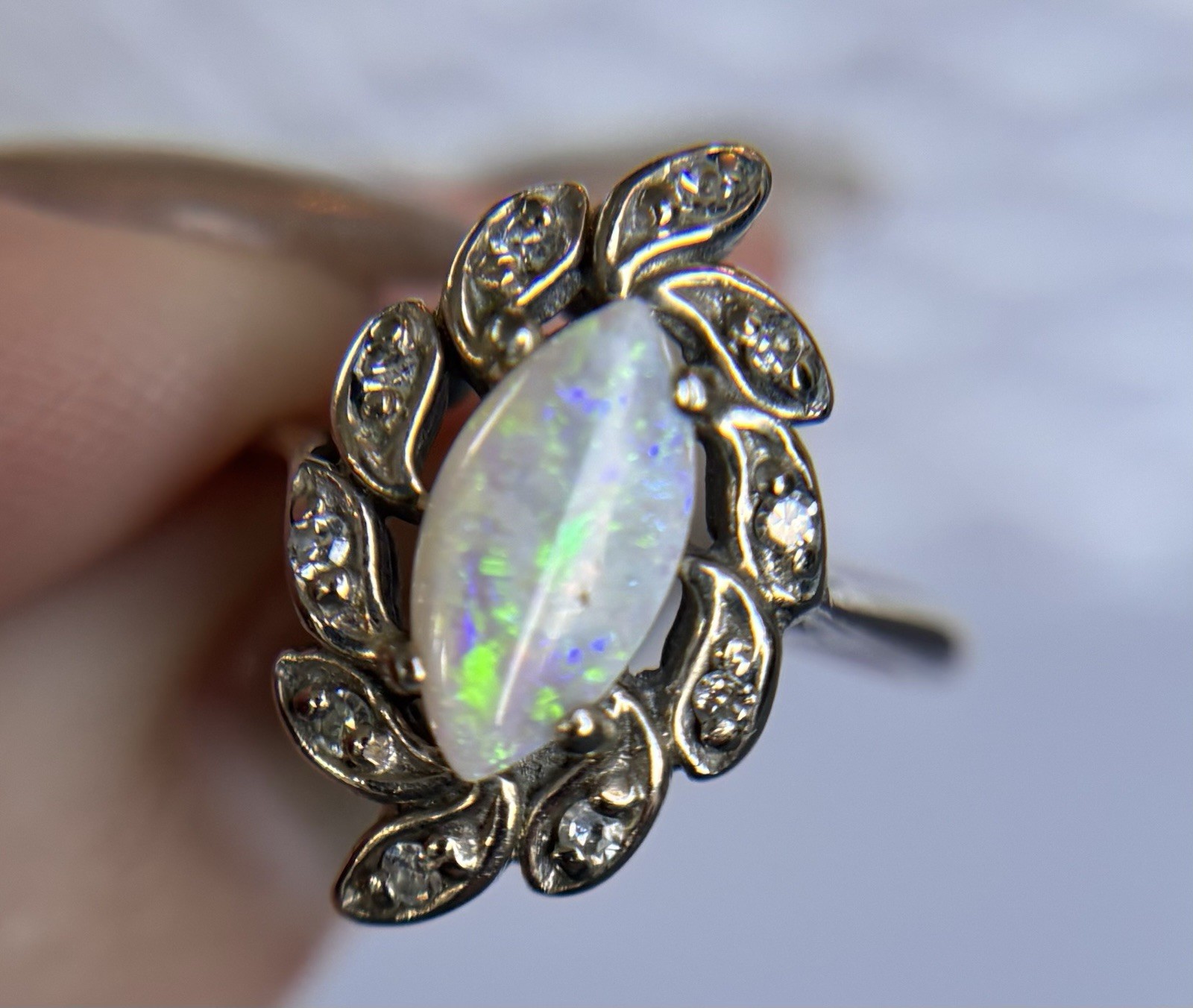 Vintage 14kt White Gold Marquis Opal Diamond Halo Ring