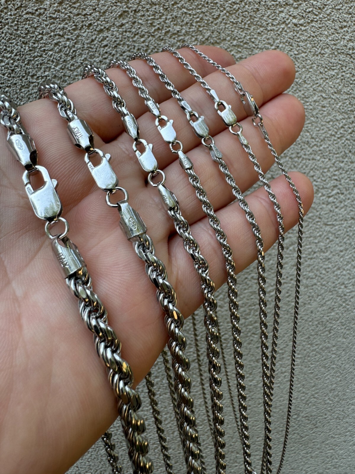 Real Solid 925 Silver W. Rhodium Finish Rope Chain 1.5-6mm Necklace Mens Ladies