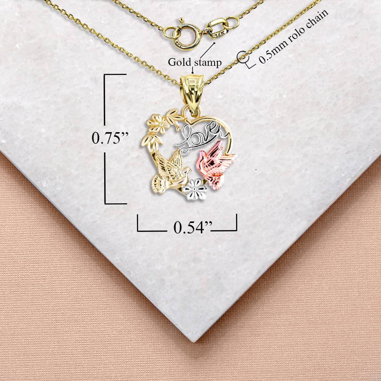 Two Tone Love Birds Heart Pendant Necklace (Available in Yellow/Rose/White Gold)