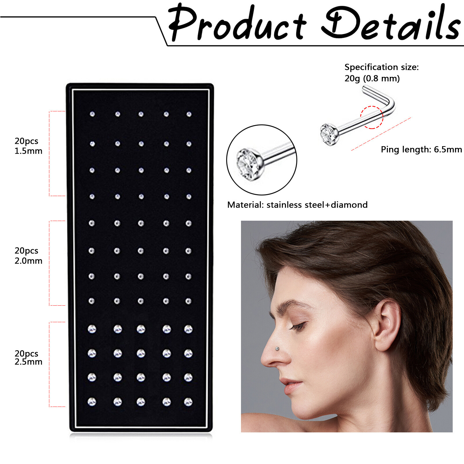 60Pcs 20G L-Shaped CZ Nose Rings Bone Stud Stainless Steel Body Piercing Jewelry