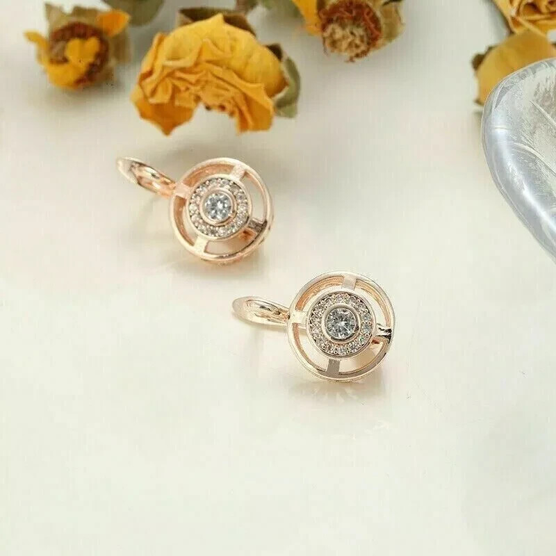 Art Deco Style Round Lab Created Diamond Wedding 14Ct Rose Gold Finish Earrings