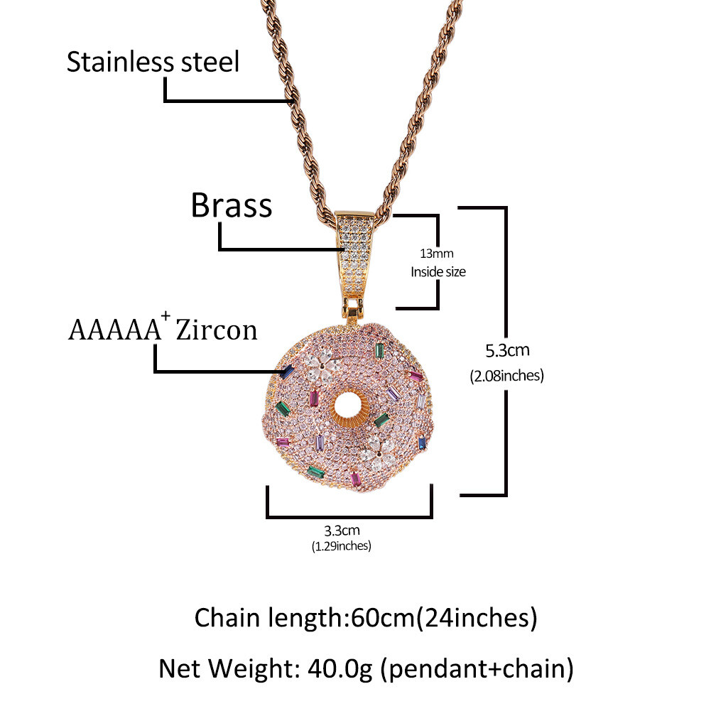 Hip Hop Colorful Donut Pendant Necklace 18k Real Gold Plated Full Zircon Jewelry