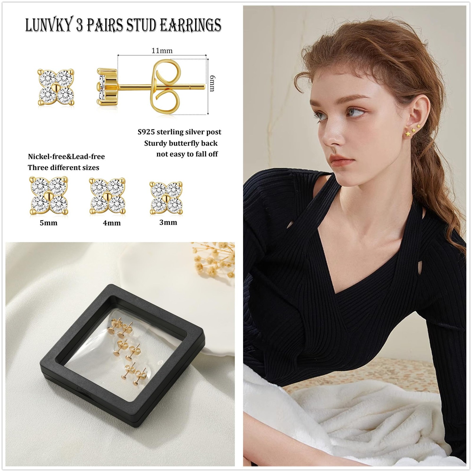 3 Pairs 18K Gold Plated Flower Stud Earrings for Women Hypoallergenic Small Cart