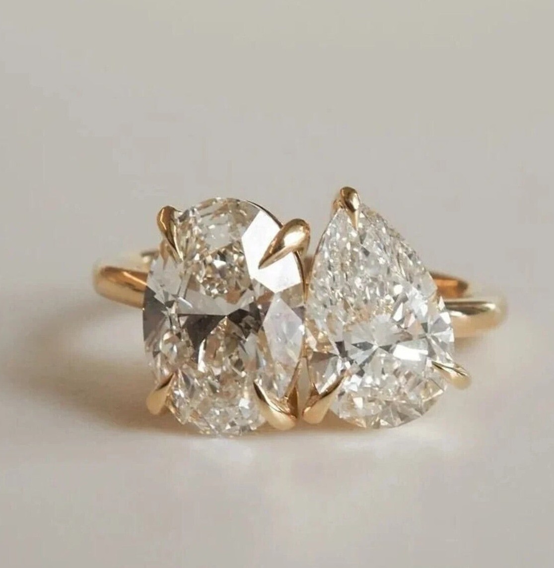 4CT Pear + Oval Cut CZ Diamond Toi Et Moi Engagement Ring 14K Yellow Gold Finish
