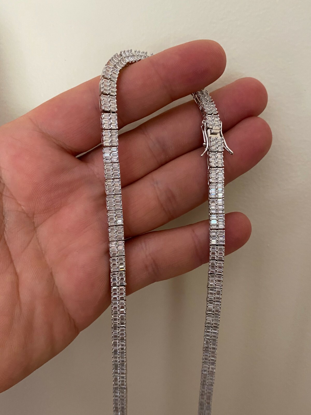 SOLID 925 Sterling Silver Baguette Tennis Chain ICED CZ Necklace 5mm Hip Hop