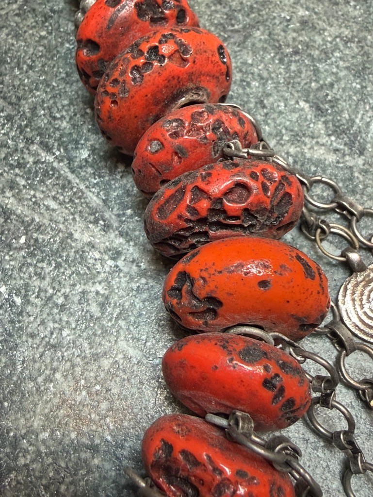 Vintage Morocco Faux Coral Bead and Silver Dangle Necklace
