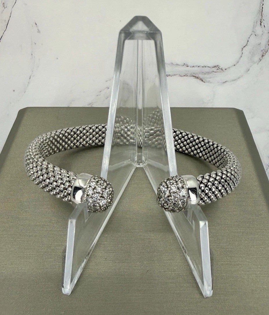Diamonique Sterling Silver Popcorn Mesh Cuff Bracelet 925 Pave End Caps 6.25″