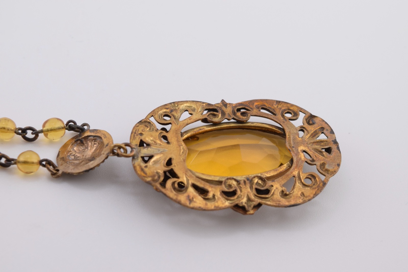 Antique Czech Necklace / Choker with Amber Colored Glass and White Enamel Accent