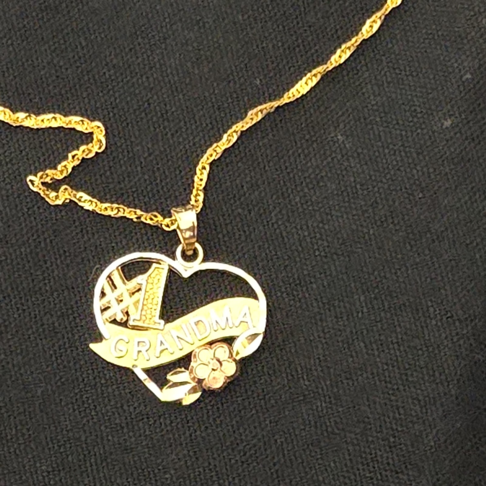 14K Yellow Gold #1 Grandma Heart Pendant, 14K Rope Chain Necklace Signed, 2g.