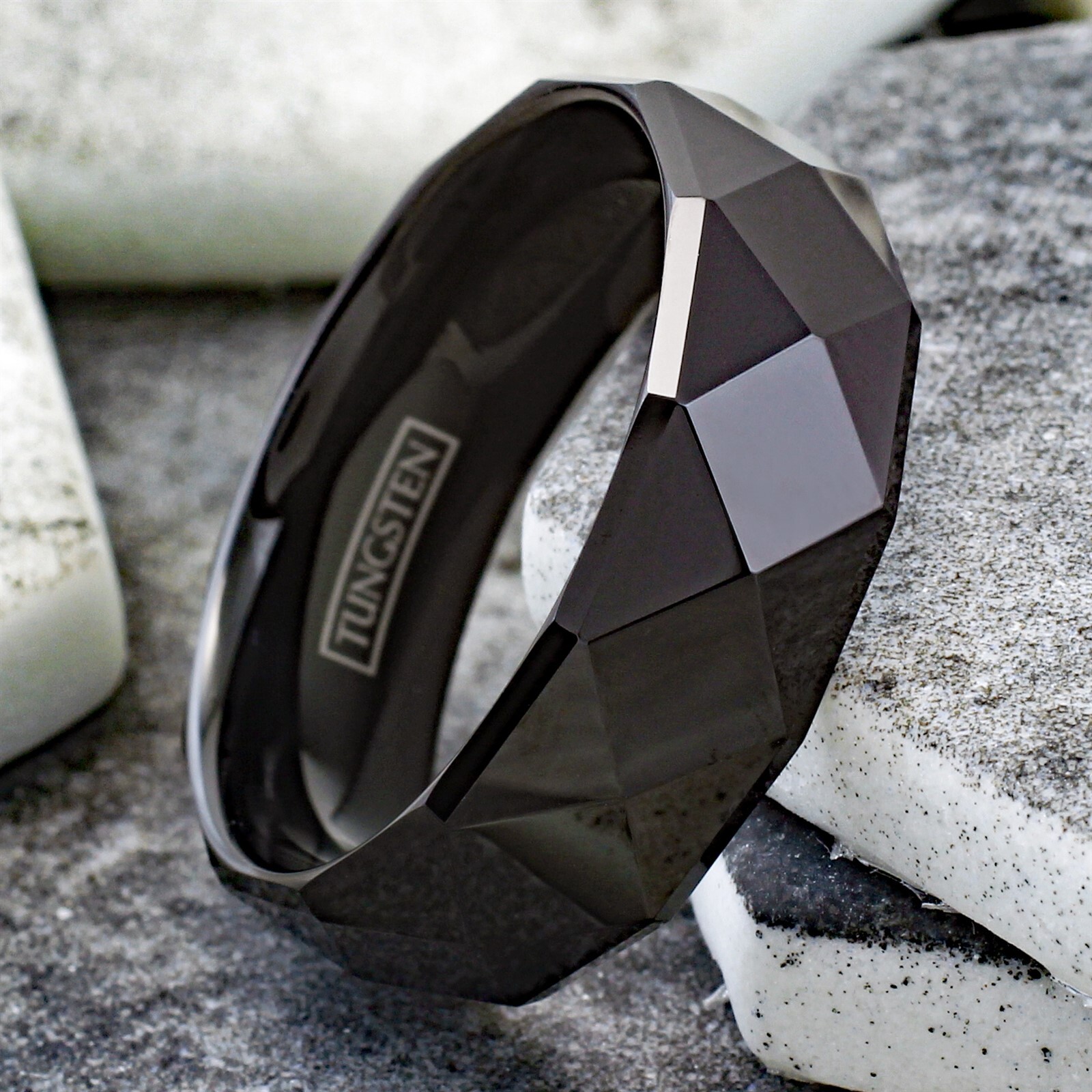 8mm Tungsten Carbide Black Multi-Faceted Wedding Band Ring Men’s Jewelry