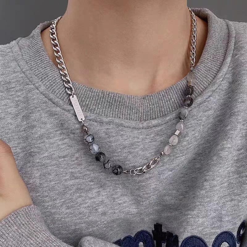Stainless Steel Gray Glass Beaded Choker Necklace for Men Women Hiphop Jewelry G