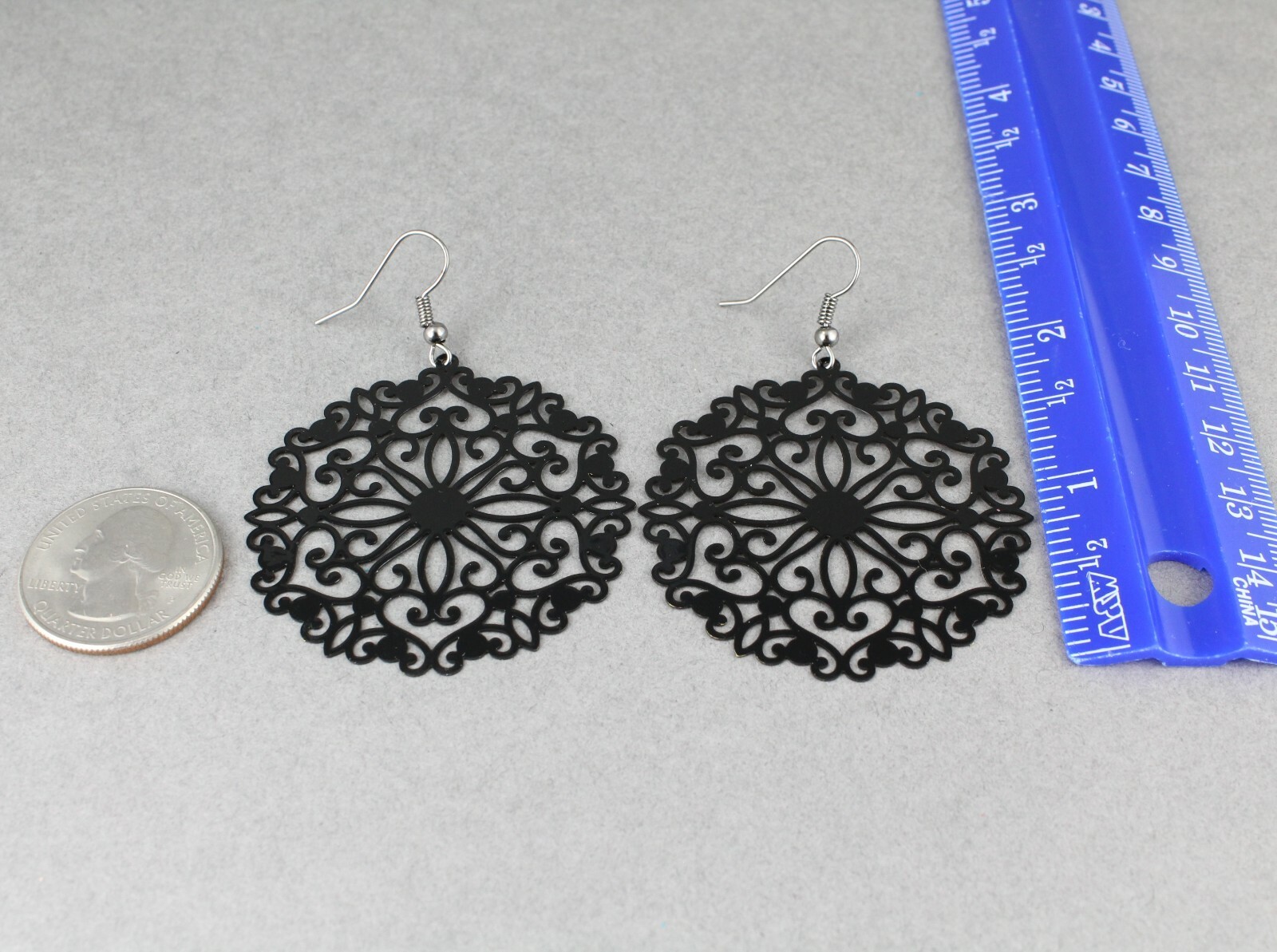 Black round earrings cut out lace filigree scroll circle 2.5″ long very Light