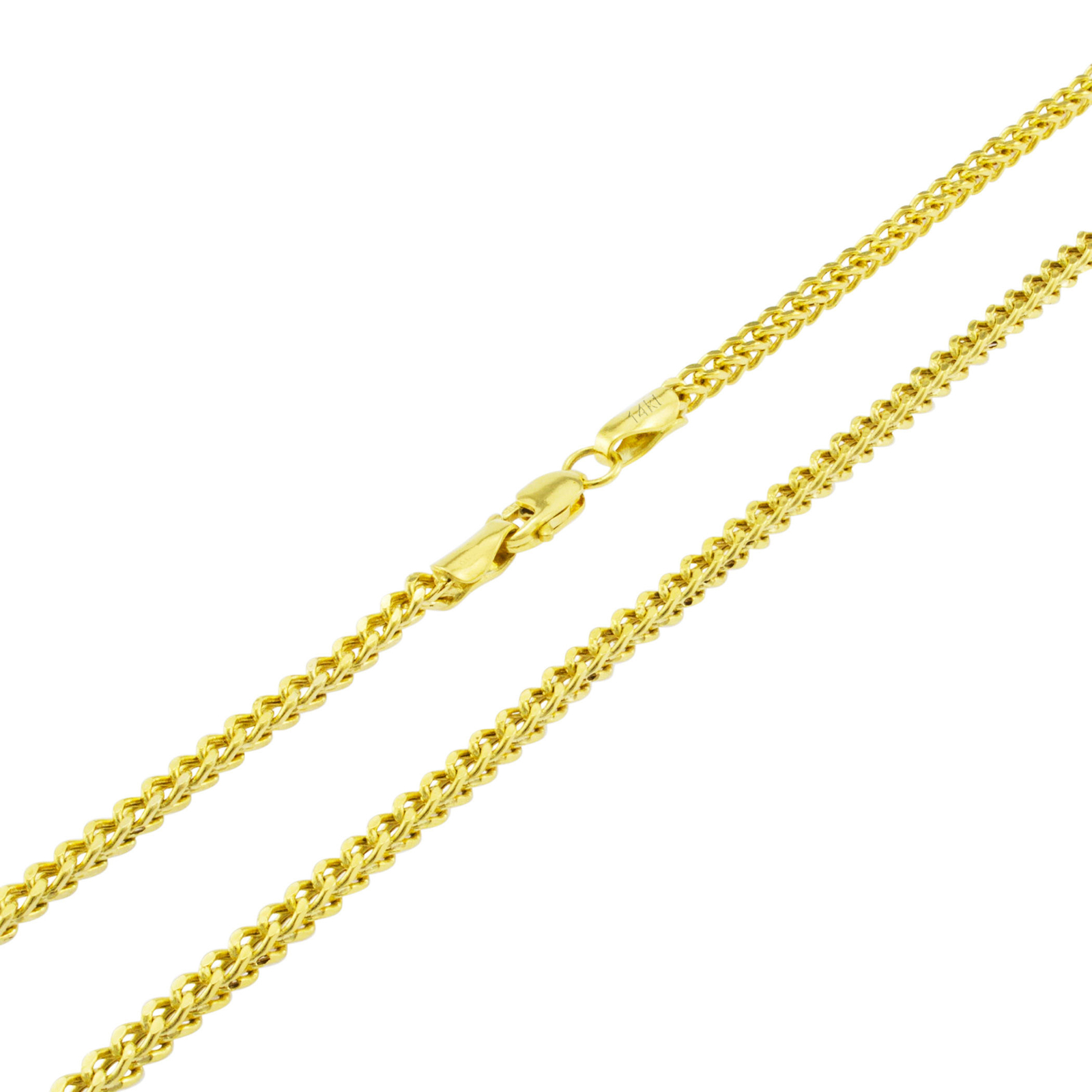 14K Yellow Gold 2.1mm Franco Box Wheat Spiga Chain Pendant Necklace 14″-24″
