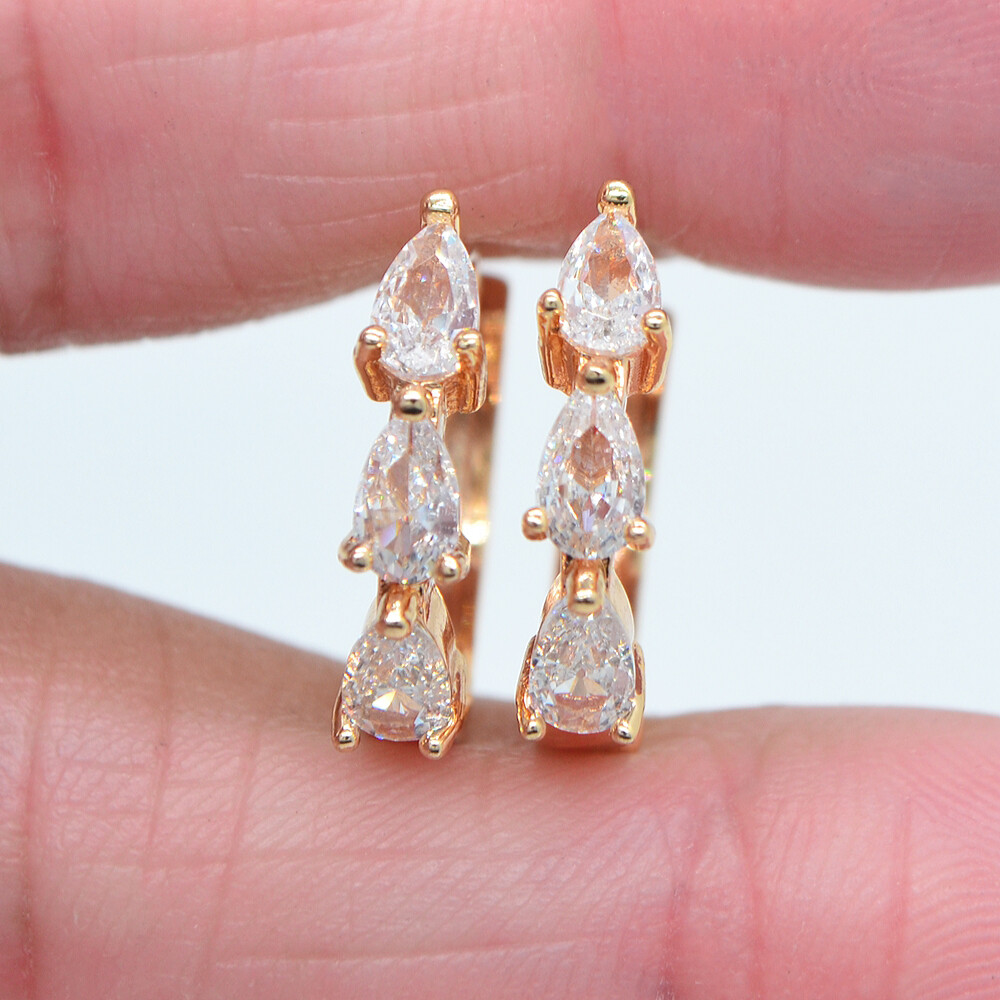 18K Yellow Gold Filled Women Multicolor Topaz Teardrop CZ Hoop Huggie Earrings