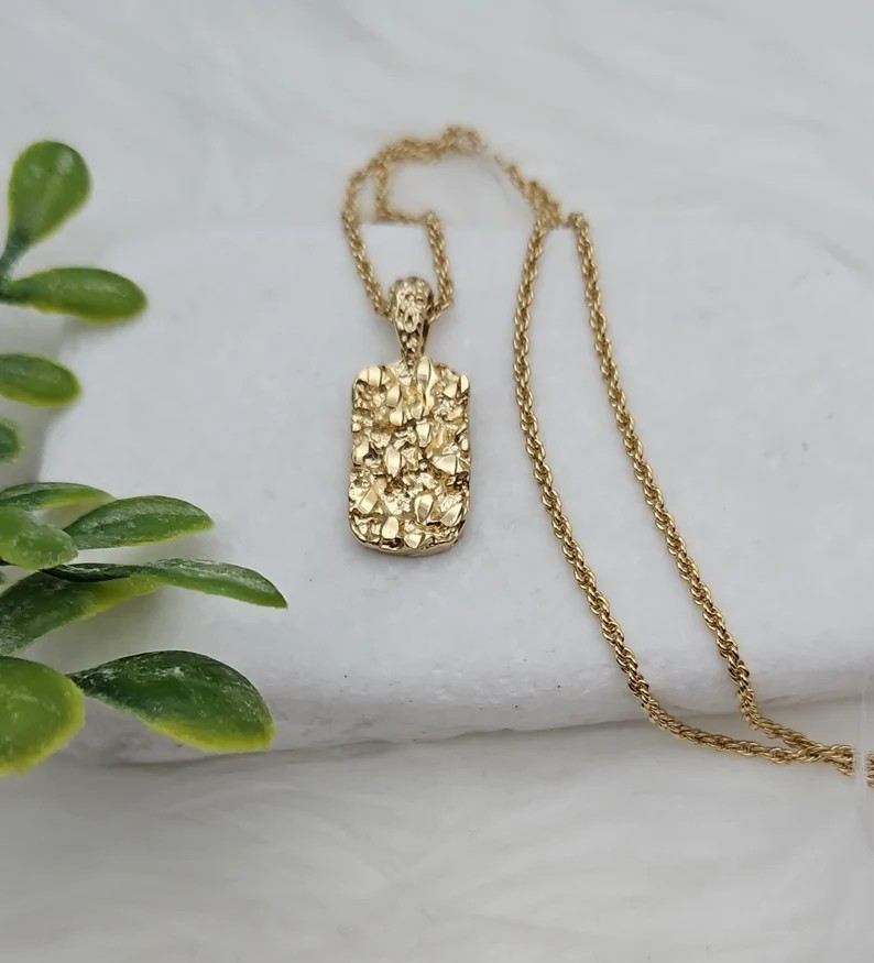 Gold Nugget Necklaces, Small Dog Tag Pendant, 1mm Rope Chain, 14k Plated Gold