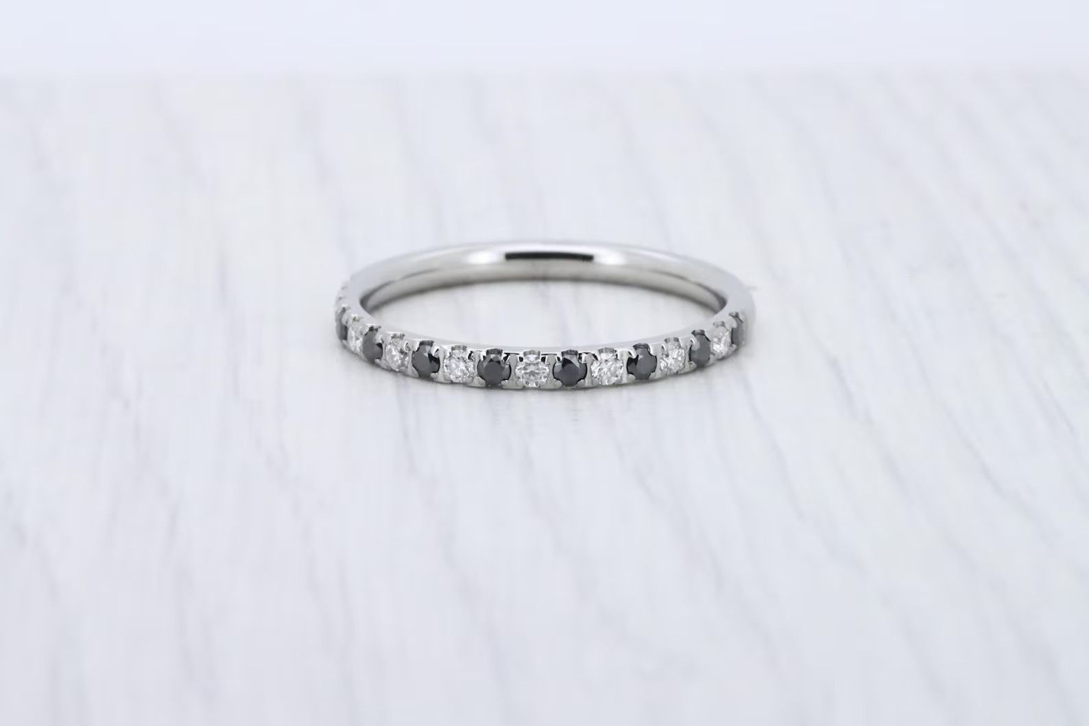 2mm Wide Black & White Moissanite Half Eternity Band Ring 14k White Gold Plated