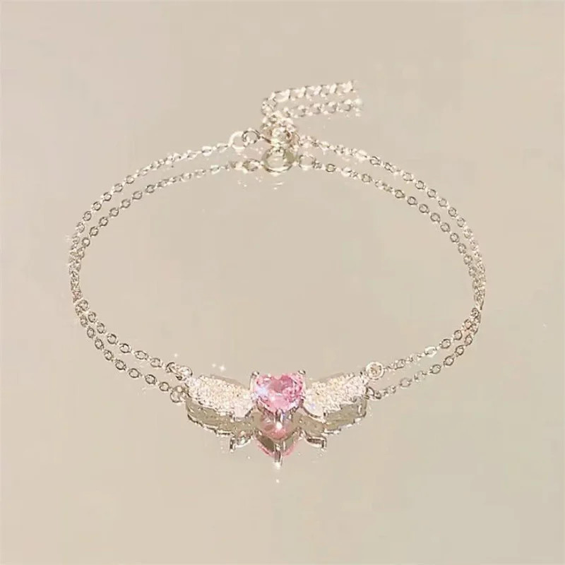 Crystal Angel Wings Pink Heart Pendant Necklace Women Clavicle Chain Choker
