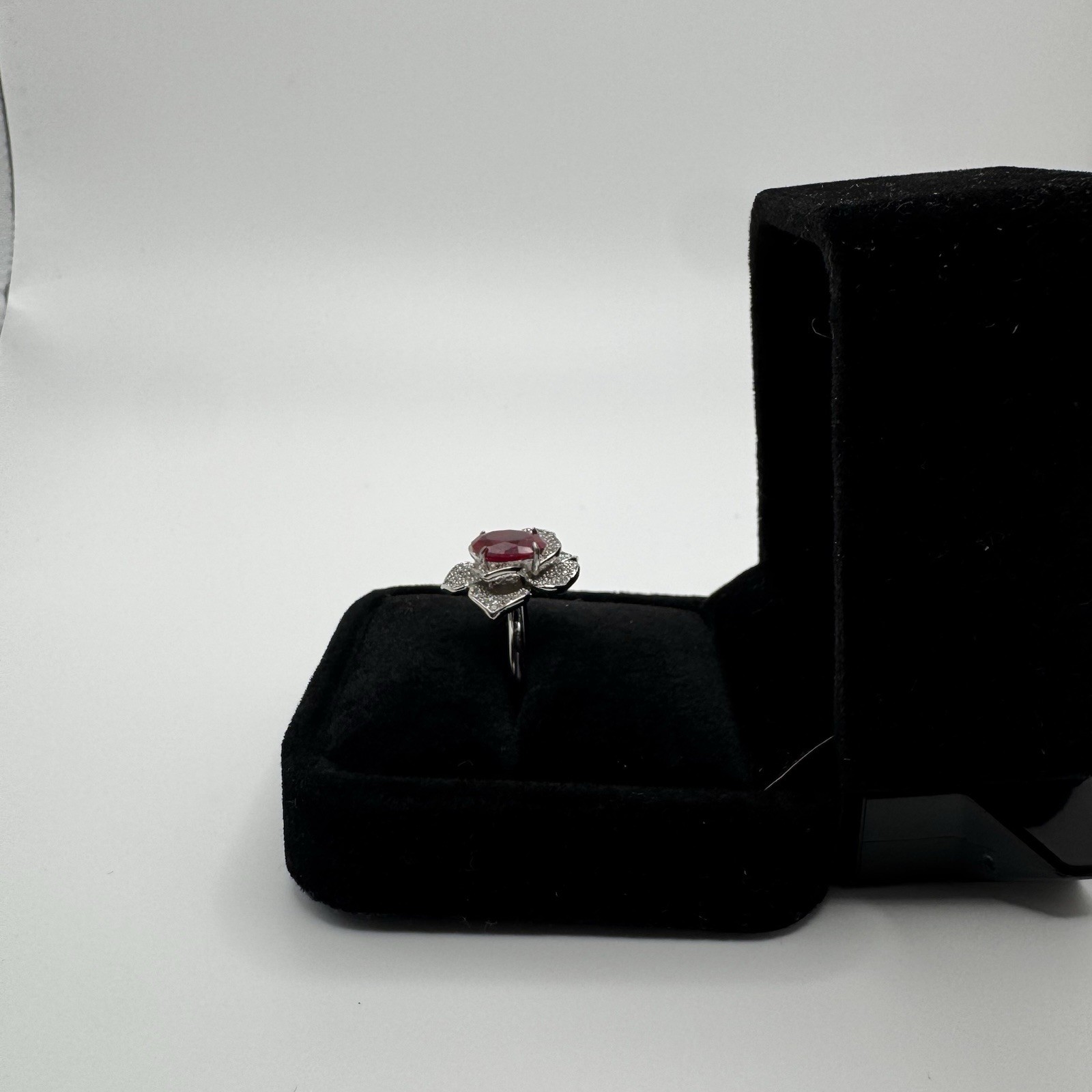 Platinum Plated Adjustable 2 ct Moissanite Pink Flower Ring Vintage Inspired