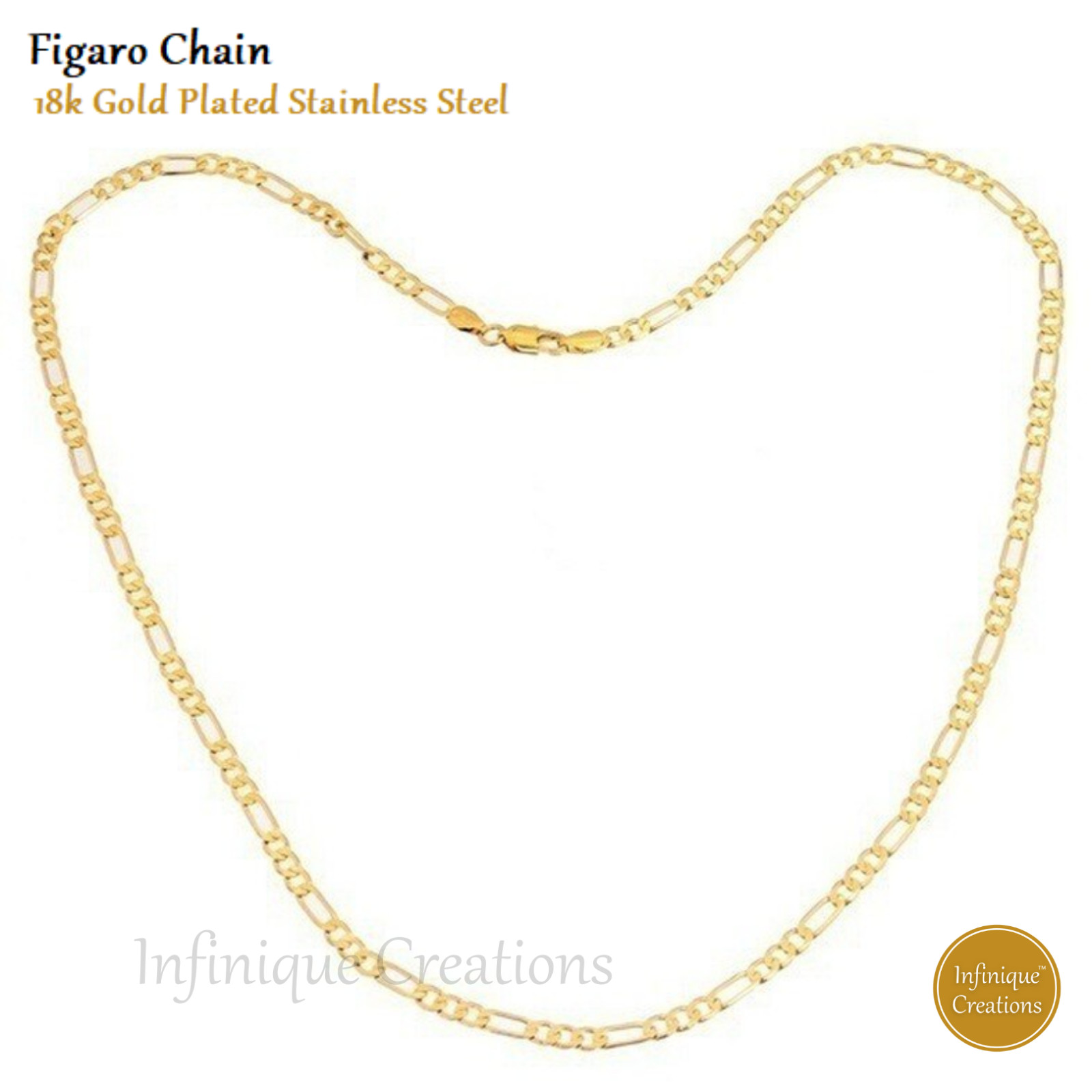 18K Gold Plated Stainless Steel Figaro Chain Bracelet Necklace 7-38″ 3-12mm