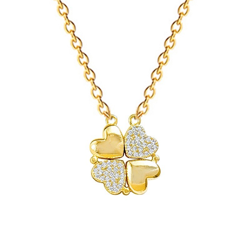 Gold Tone Cable Chain Necklace Clover Charm Pendant, Pavé-Set Simulated CZ