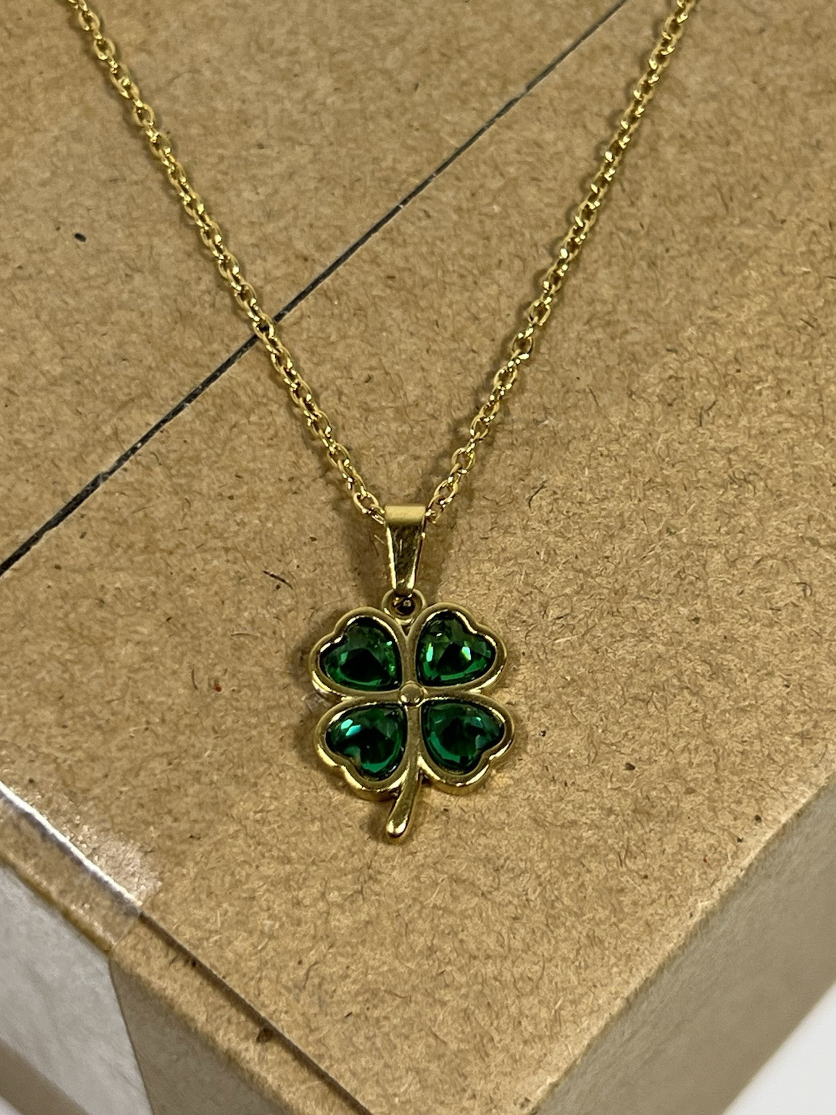 Four Leaf Clover Necklace Green Zircon Gems Gold Colored Chain New