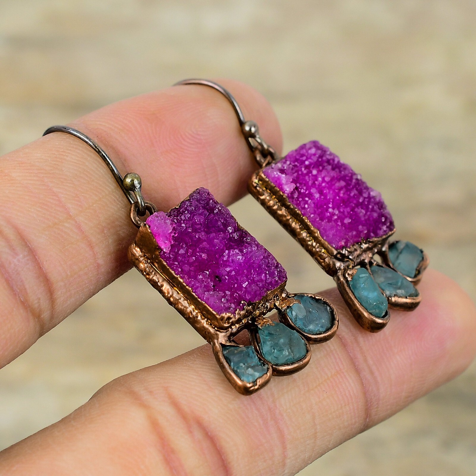 Pink Druzy Jewelry Copper Mom Gift Electroformed Drop/Dangle Earrings 1.77″