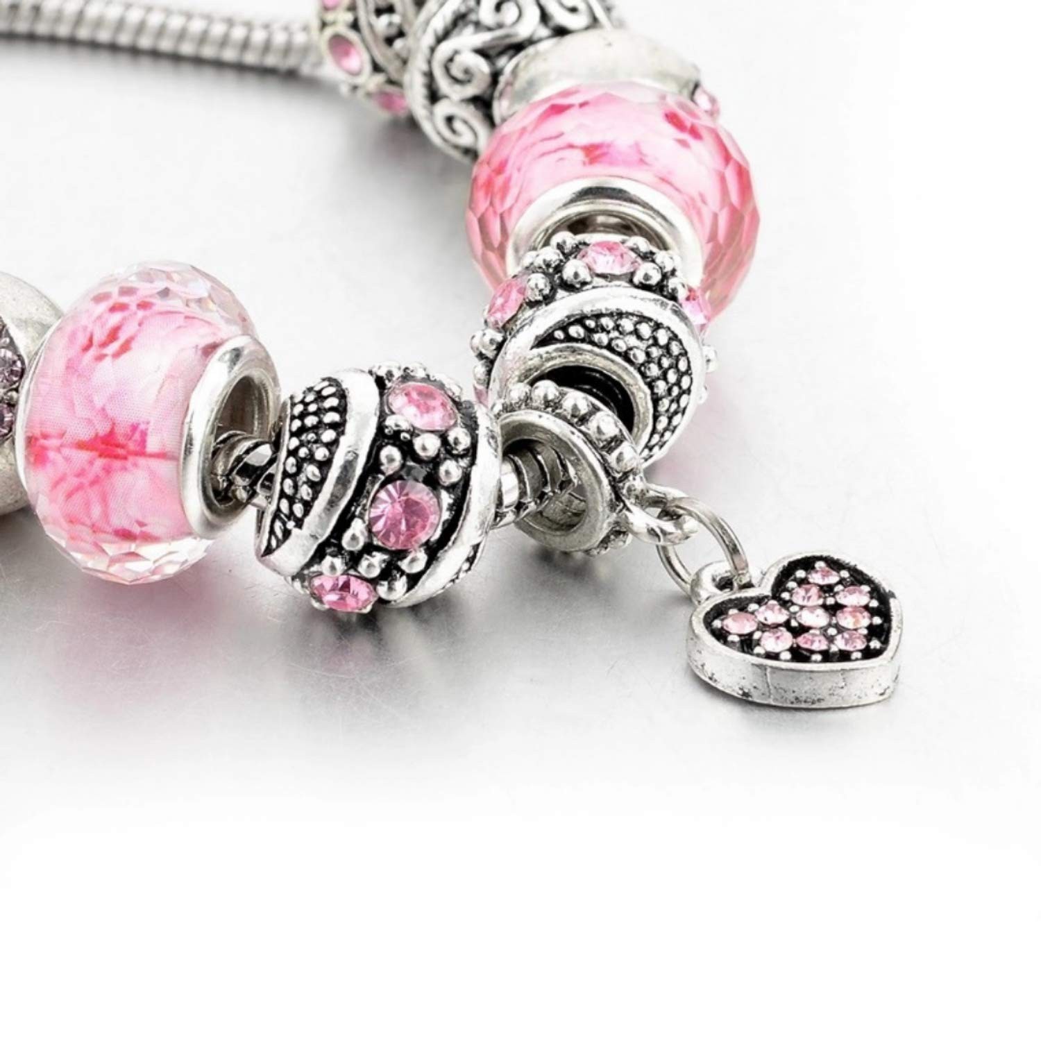 Capital Charms Pink Hearts Silver Plated Charm Bracelet Set, Jewelry Gifts wi…