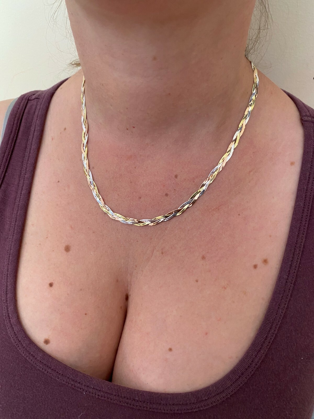 925 Silver Tri-Color Yellow Rose Gold Plated Twisted Braided Herringbone Chain