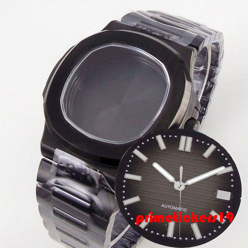 Black Pvd Square Watch Case Bracelet Dial Hands Set Sapphire Fit NH34 NH35 NH36