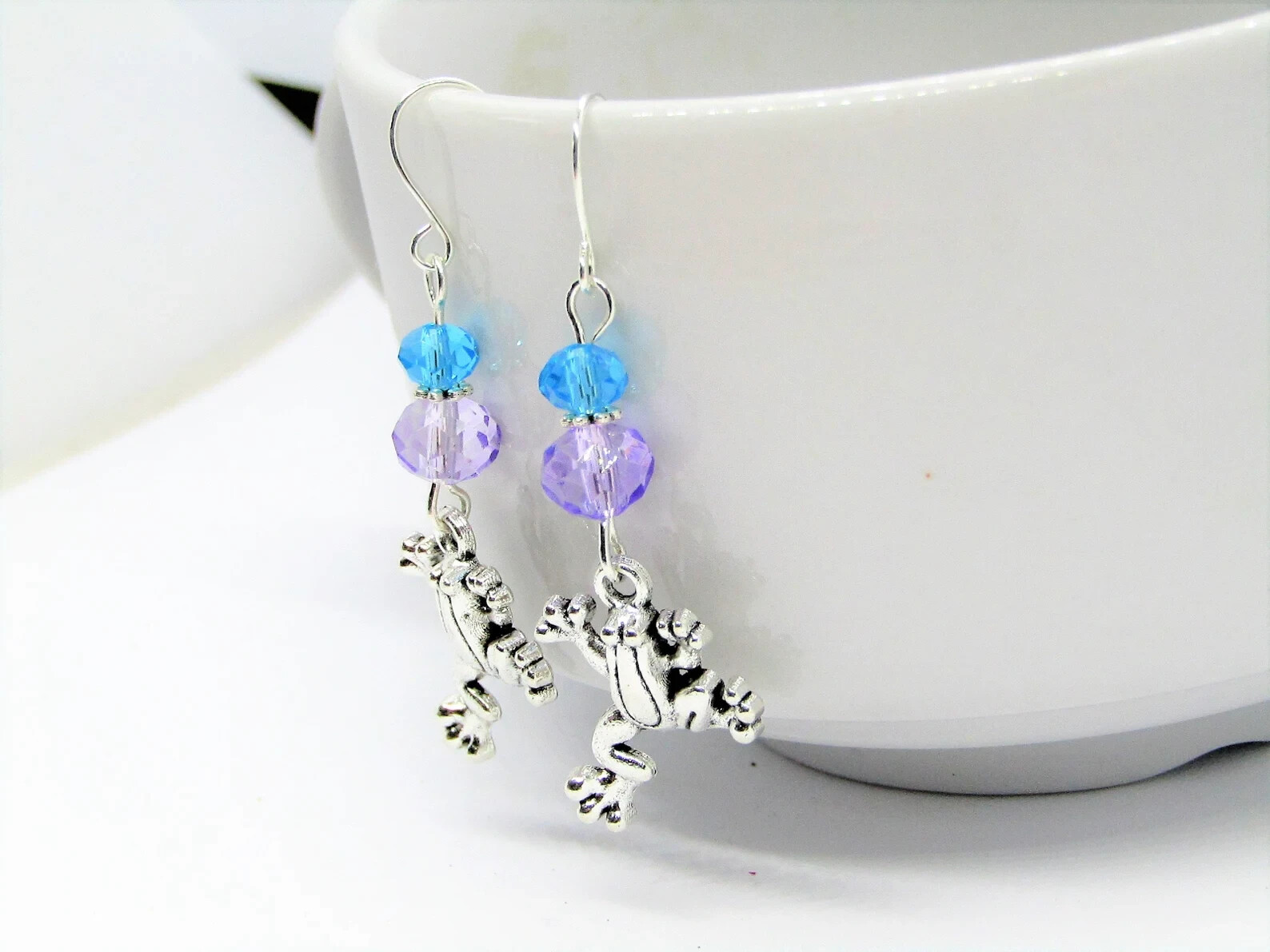 Blue & Purple Glass Stainless Steel Frog Charm Silver Dangle Earrings