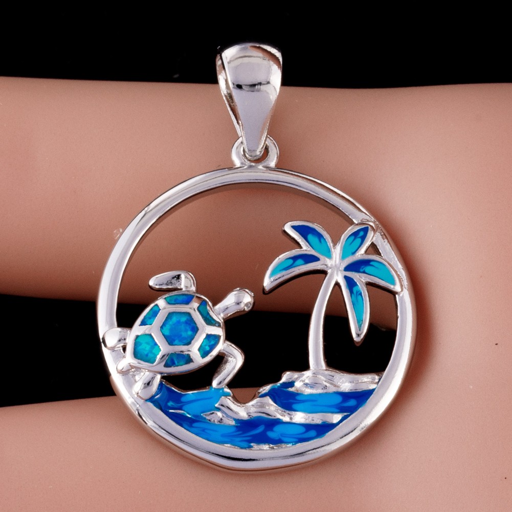 Sea Turtle Palm Tree Ocean Blue Fire Opal Silver Jewelry Necklace Pendant