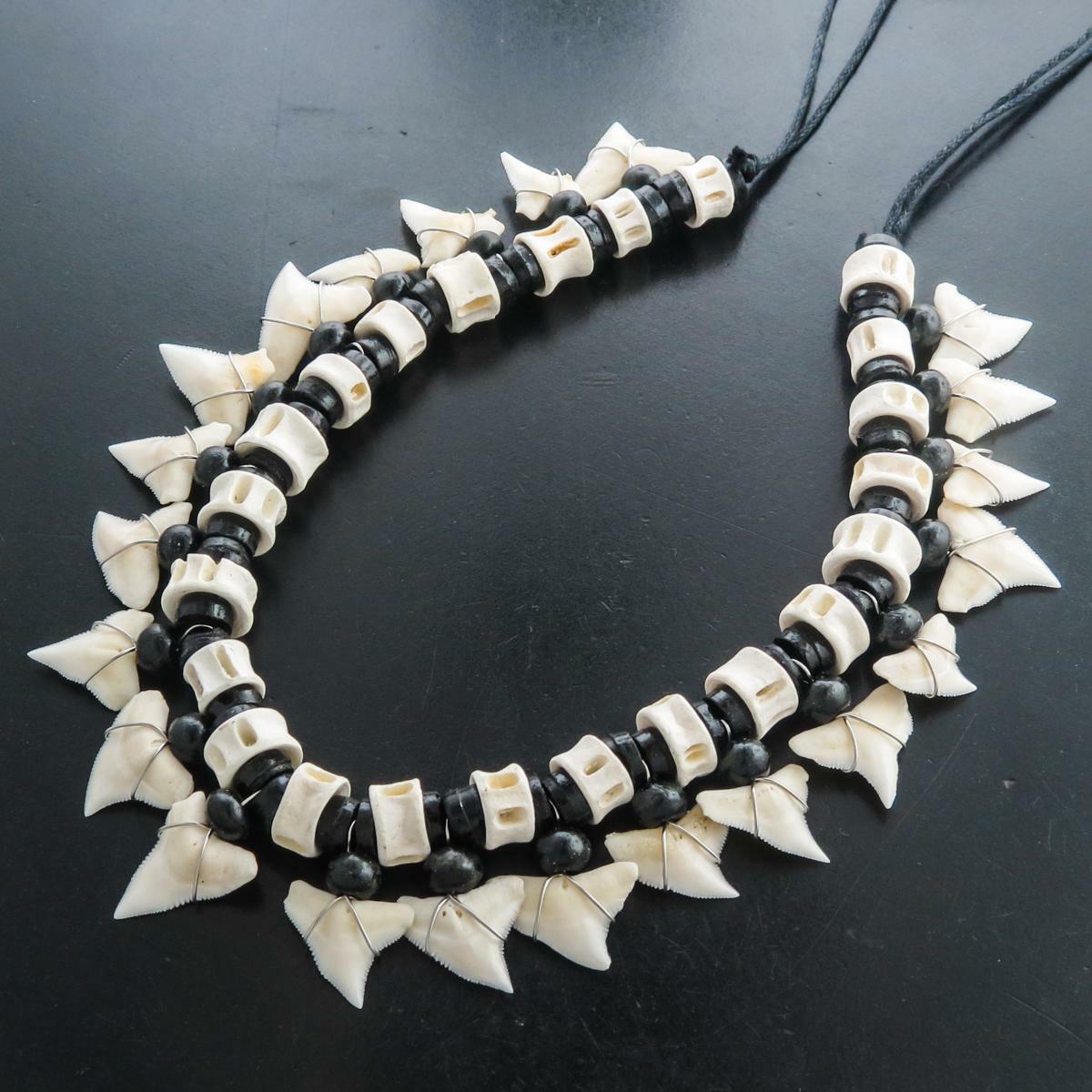 Awesome 21pc Unisex White Tip Shark Tooth Bone Black Heishi Beads Necklace