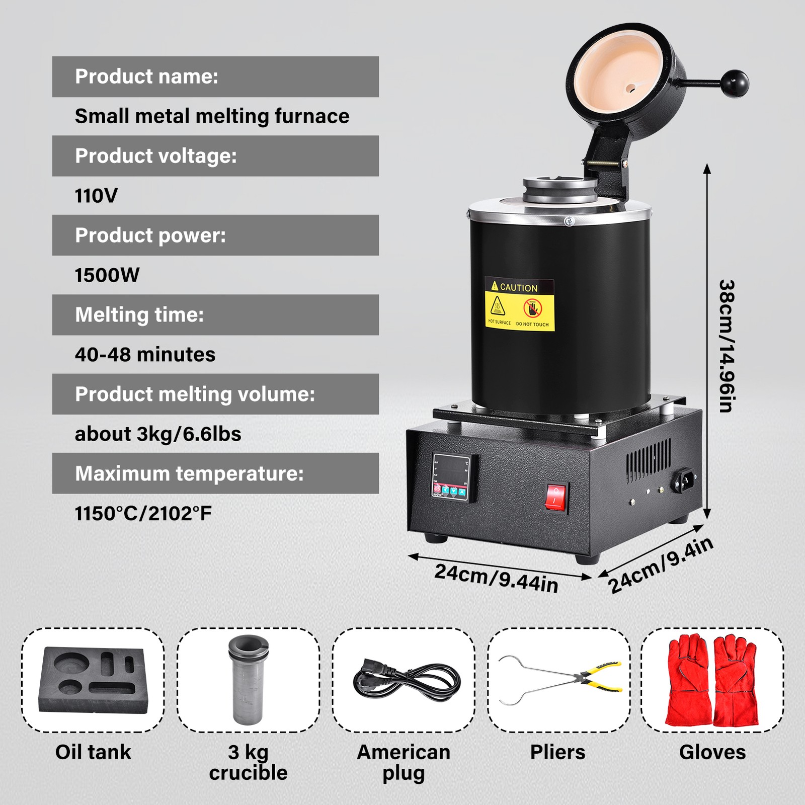 3KG 1800W Electric Gold Melting Furnace for Copper Metal Recycling New