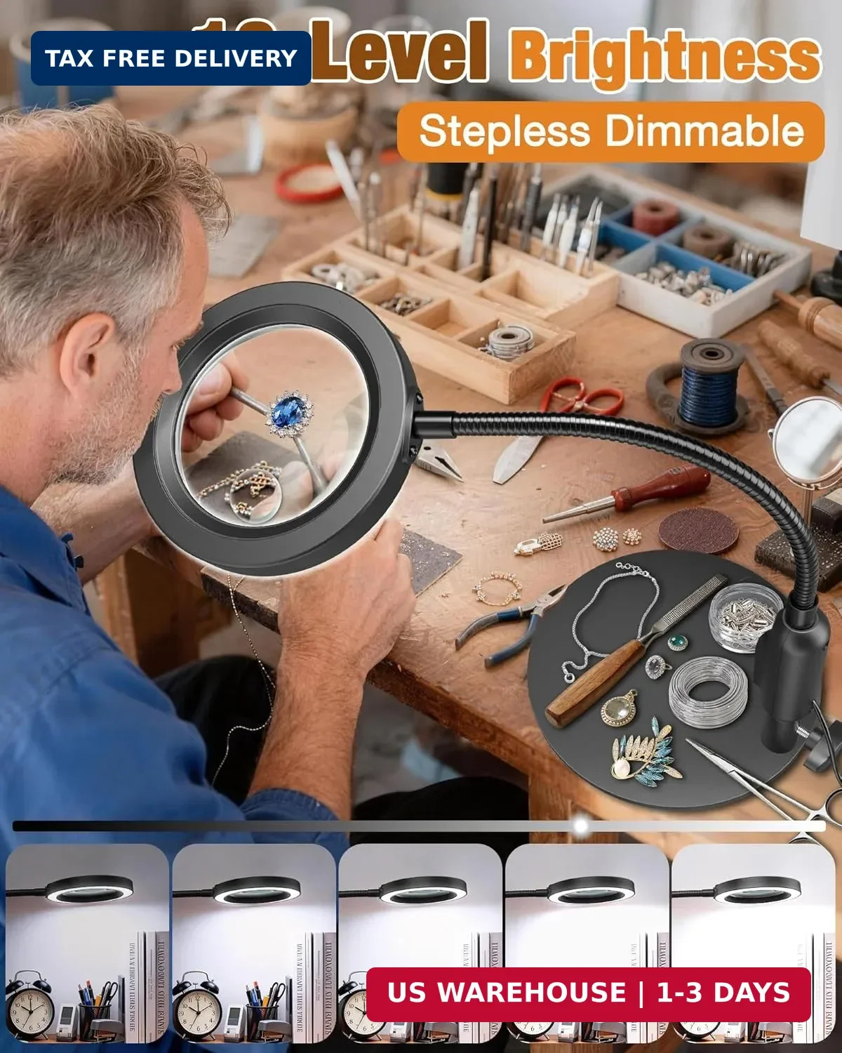 30X 10X Magnifying Glass with Light and Stand, 5 Color Modes Stepless Dimmable,
