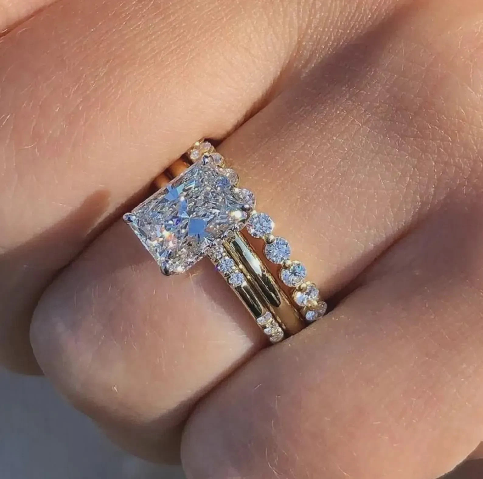3CT Radiant Cut Moissanite Engagement Trio Bridal Ring Set, Trilogy Ring Set