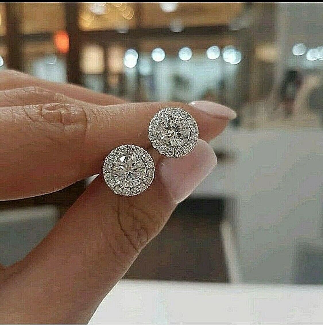4 Ct Halo Round Cut Simulated Diamond Stud Earrings 14K White Gold Finish