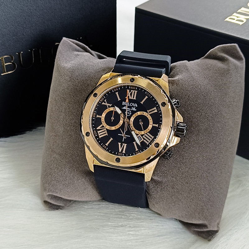 Bulova Marine Star-98B104-Men Black Rubber Strap Quartz Watch Rose Gold Dial44mm