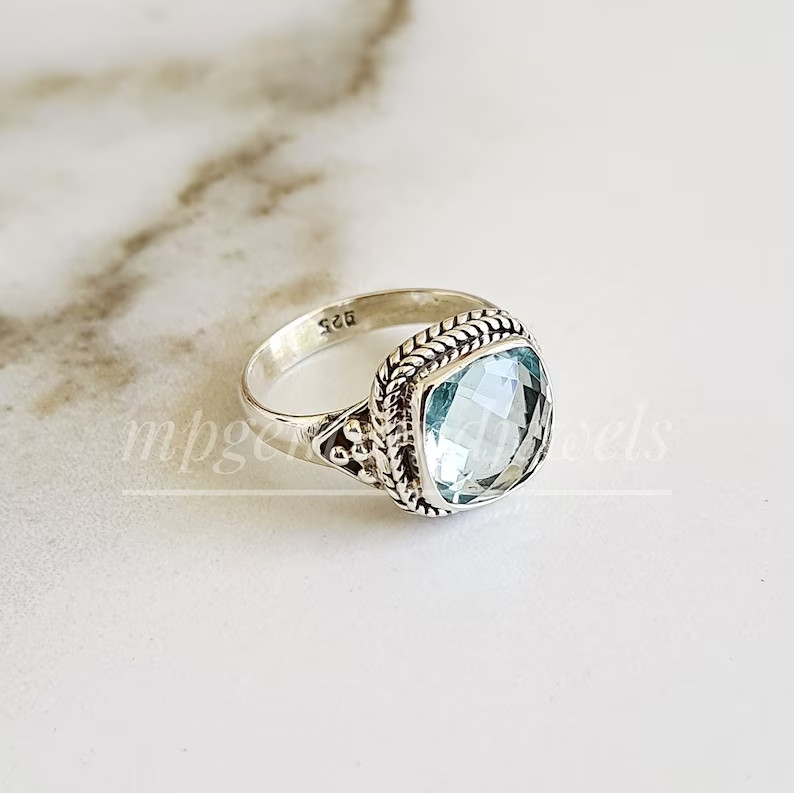 Natural Aquamarine 925 Sterling Silver Band& Statement Ring Handmade All Size