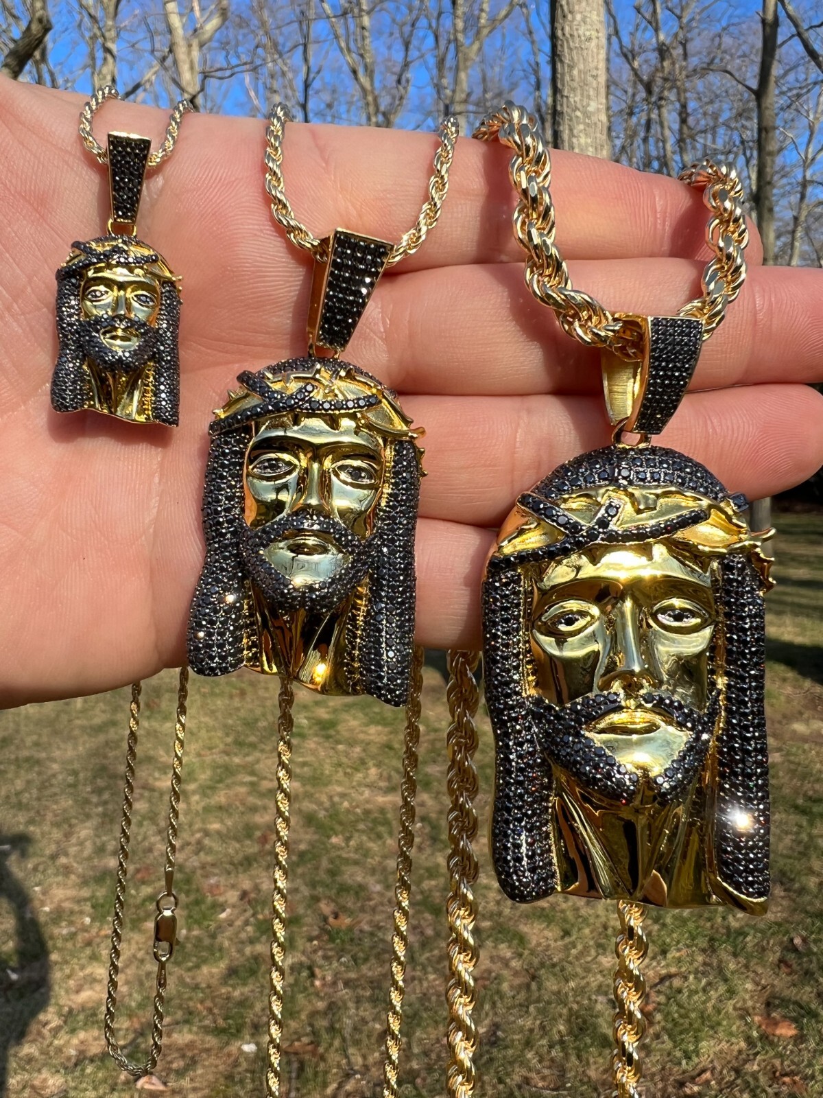 Black MOISSANITE 14k Gold Vermeil 925 Silver Iced Jesus Piece Pendant Necklace