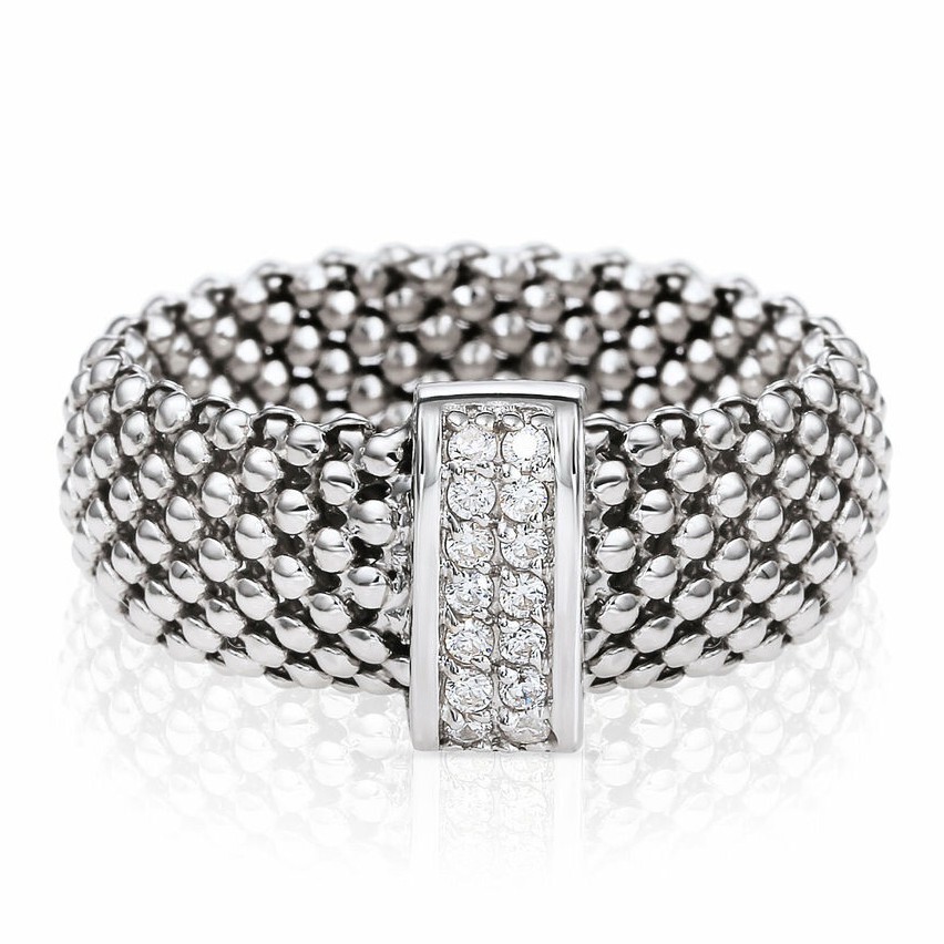 925 Solid Sterling Silver Italian Popcorn Chain Band Ring With CZ Station