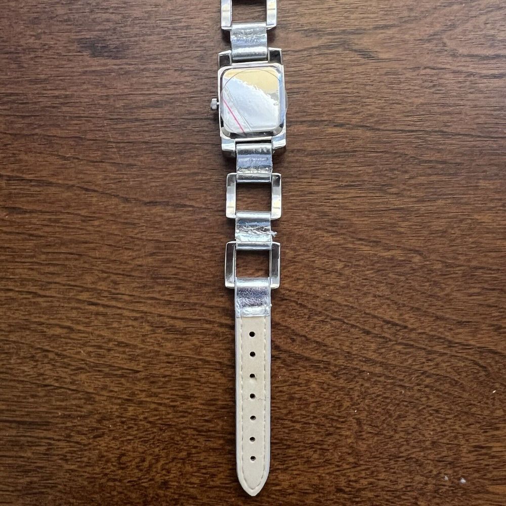 Vintage “P” Women’s Watch Silver Tone New Battery Rectangle Face White 8 in.