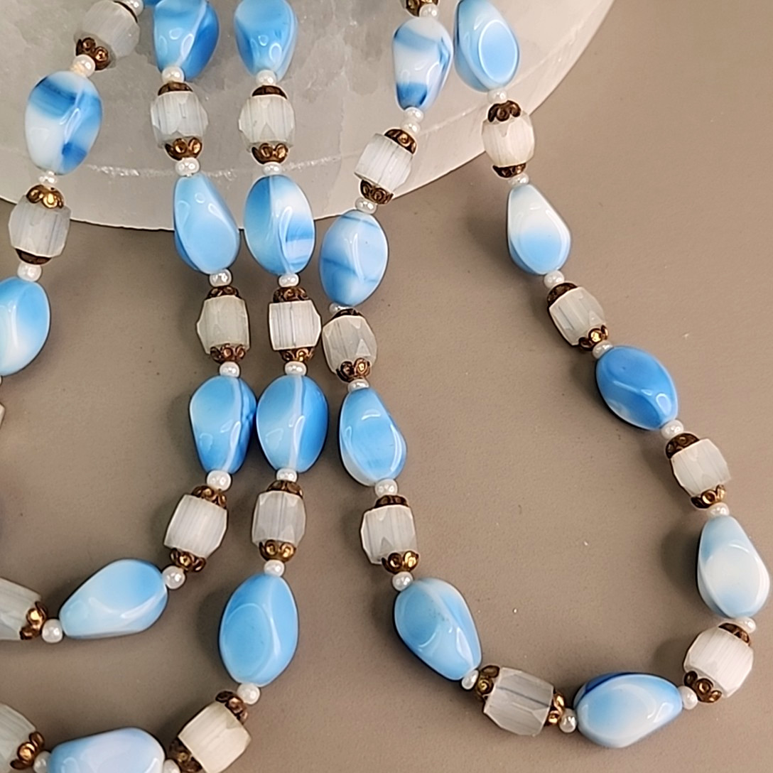Vintage Glass Beaded Necklace Oval Blue White Frosted Atlas Endless 34″